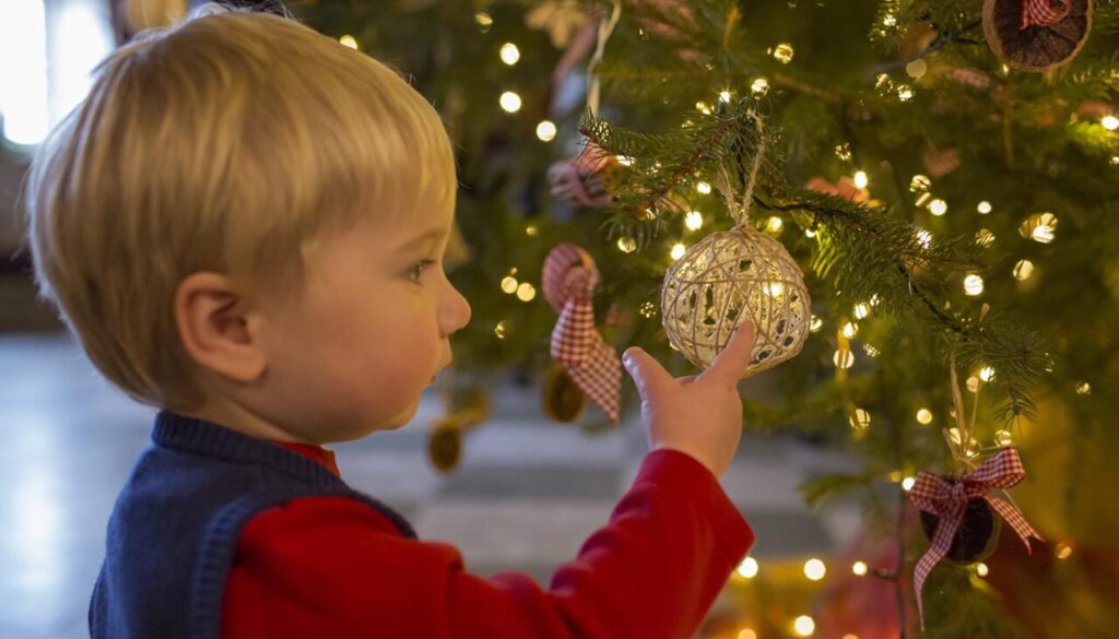 Boy looking at the decorations on a Christmas tree at Stourhead, Wiltshire