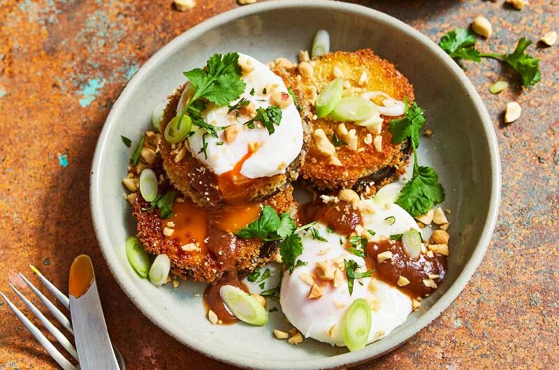Crispy Fried Aubergine, Tamarind Sauce & Crunchy Peanuts with a Poached Egg