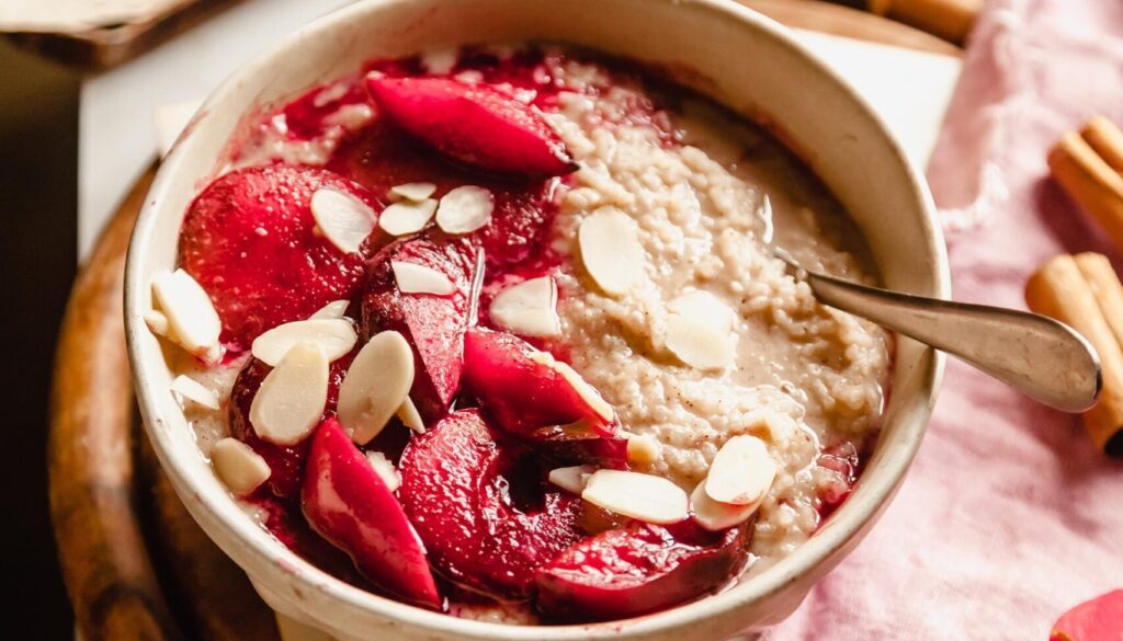Vegan Rice Pudding with Roasted Plums