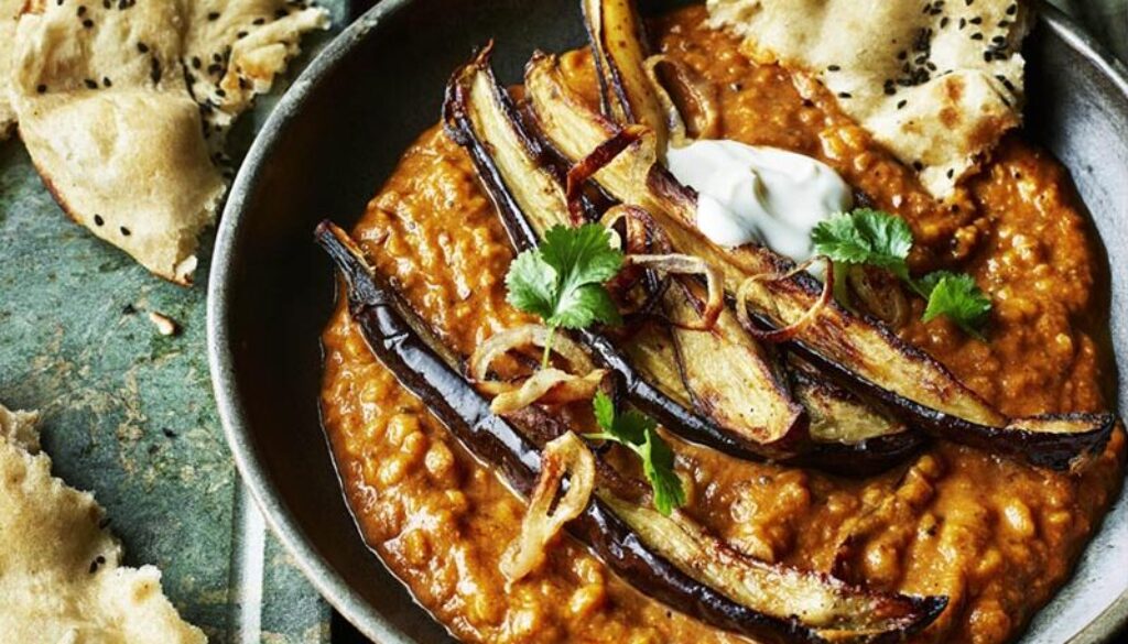 Spicy tarka daal with roasted aubergine