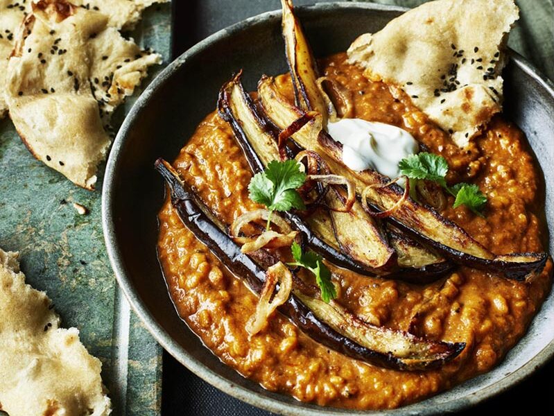Spicy Tarka Daal with Roasted Aubergine